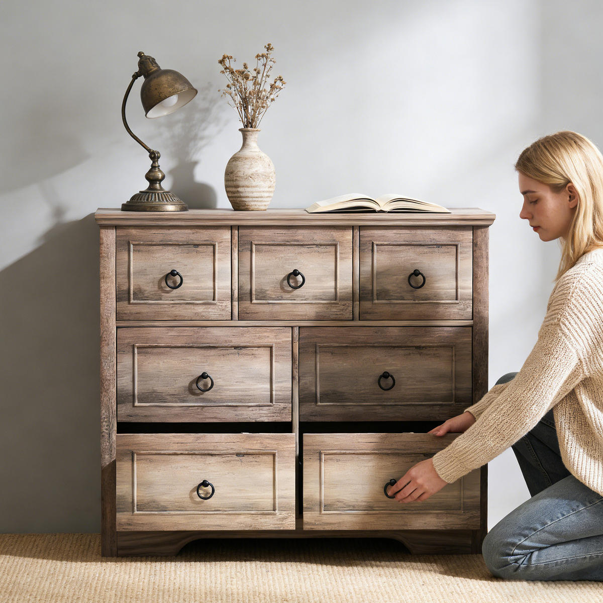 KOMMODE 7 Schubladen – Große MDF-Kommode mit Kippschutz, 102 × 40 × 85 cm, Grau - Wildeiche, Holzwerkstoff (102/85/40cm) - Ej. Life