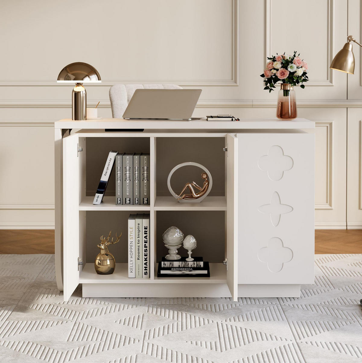 SCHREIBTISCH 110 cm in Weiß drehbar mit Schrank und Stauraum - Weiß, Holzwerkstoff (110/40/75cm) - BEAOK