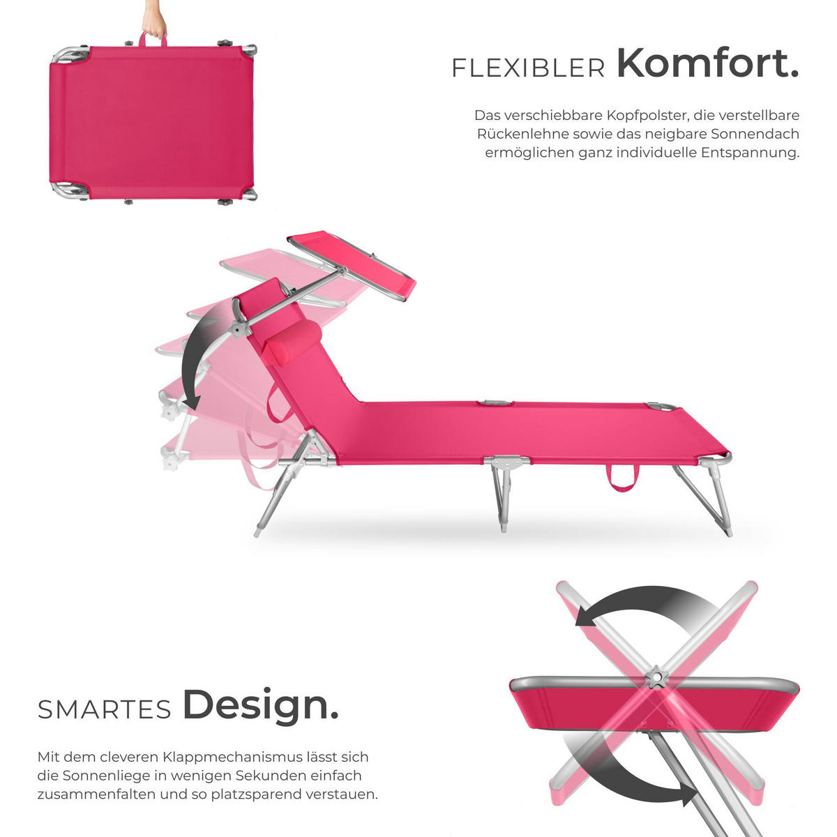 SONNENLIEGE Chloé, 190 x 68 x 111 cm, mit Seitentasche, pink - Pink, Kunststoff (68/65/190cm) - tectake