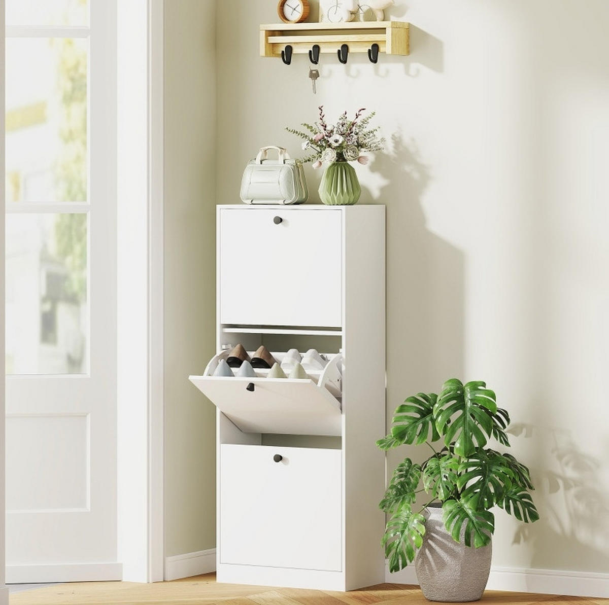 SCHUHSCHRANK 47/120/26 cm Weiß aus Holz mit 3 Klappen - Weiß, Holz (47/120/26cm) - OKMYHOME