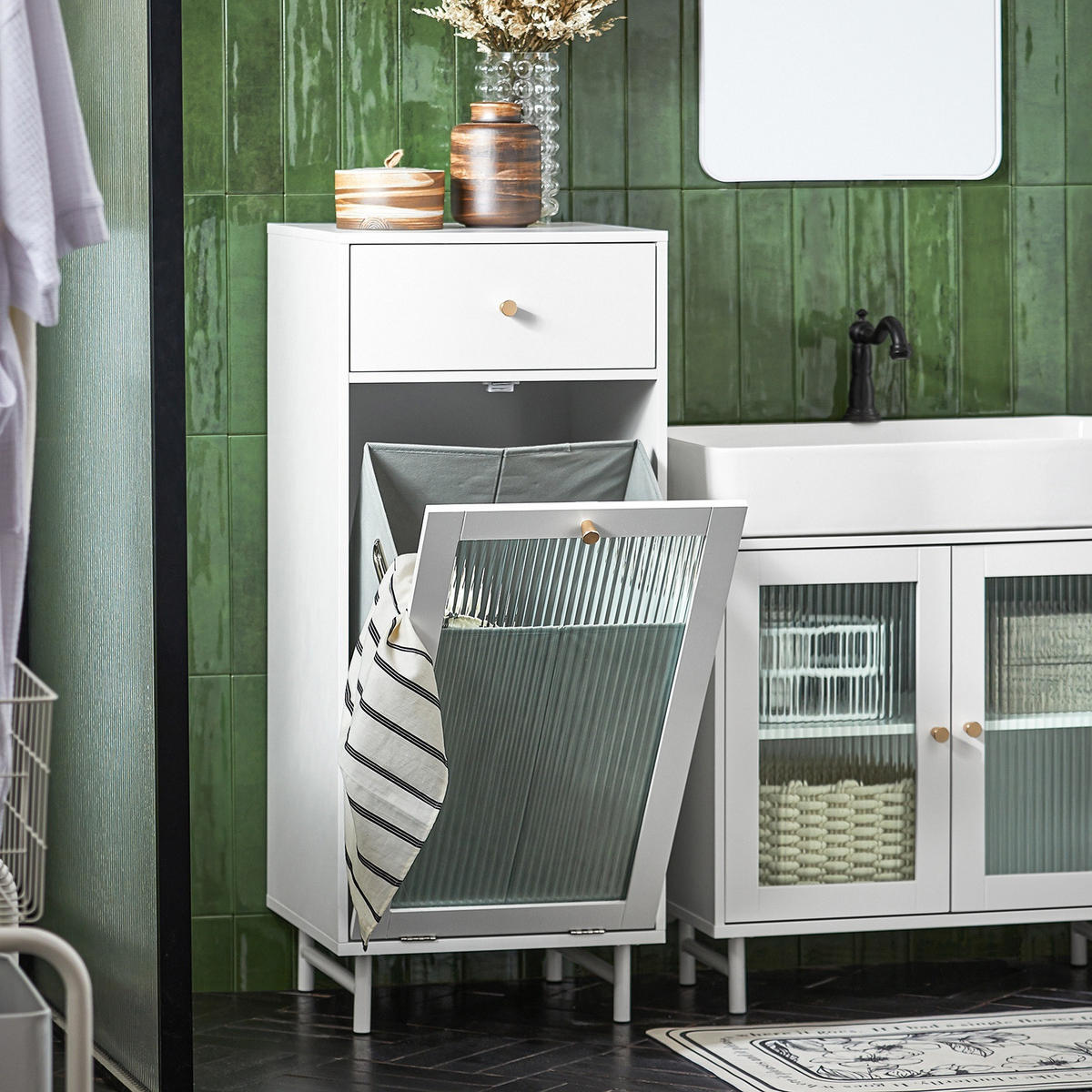 WÄSCHESCHRANK mit Wäschesack Weiß - Weiß, Glas/Holzwerkstoff (40/96/40cm) - SoBuy