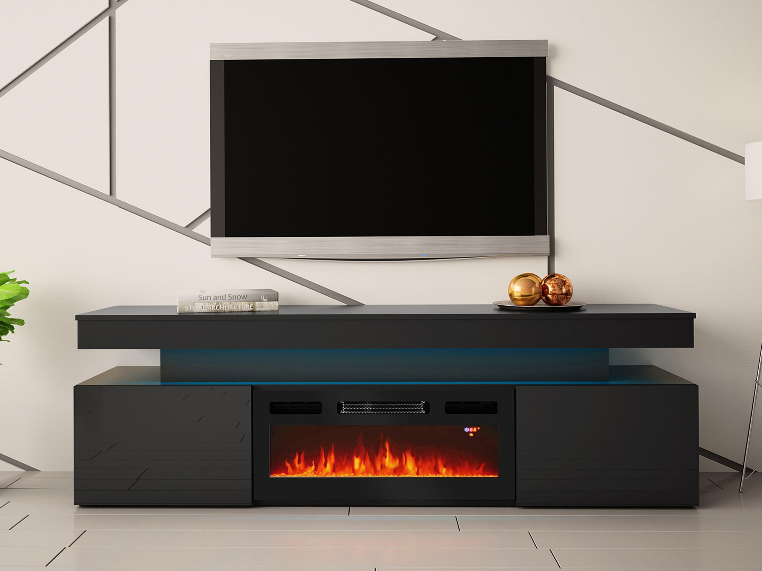 TV-LOWBOARD EF 2D Glossa mit Kamin - Schwarz, Holzwerkstoff/Kunststoff (190/59/41cm) - MIRJAN24