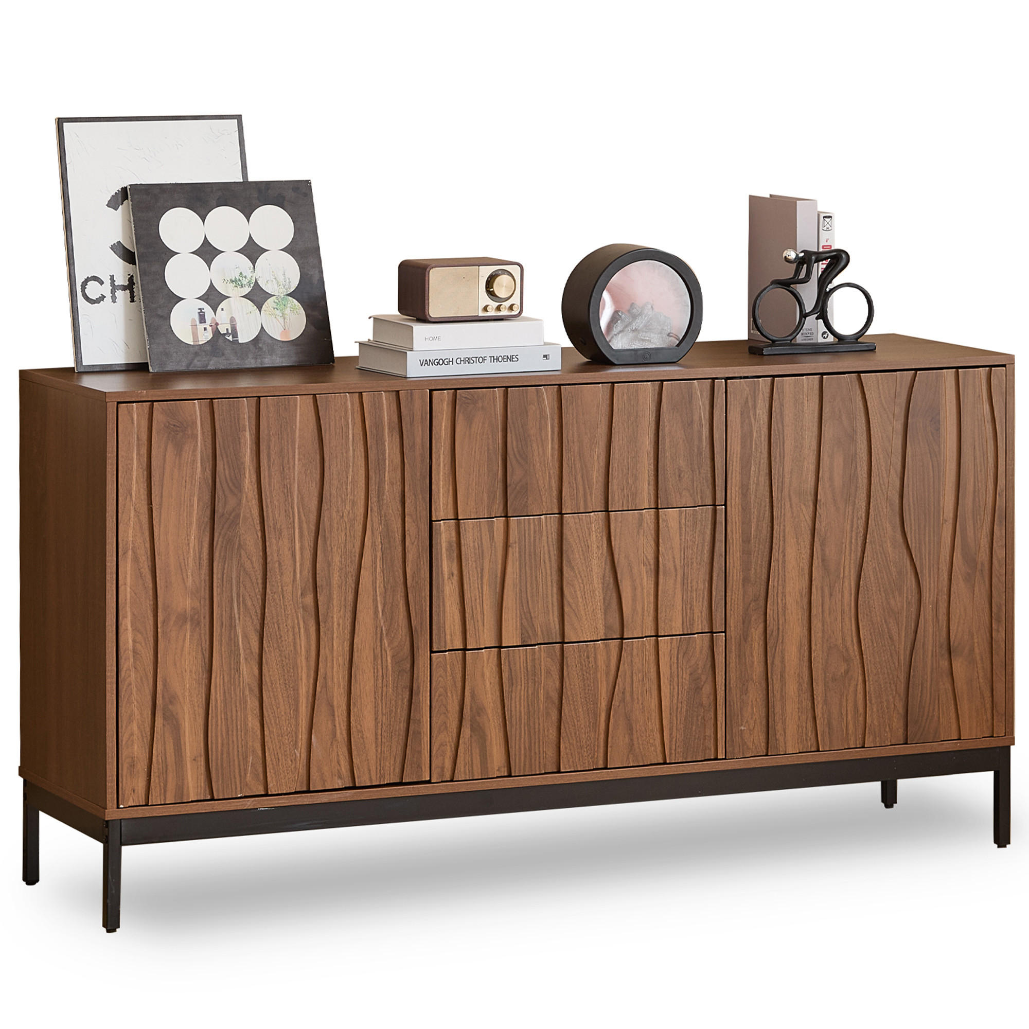 SIDEBOARD Modern Schlitzdesign Stahlrahmen 2 verstellbare Regale Kipp-Schutz leise Schubladen - Schwarz/Naturfarben, Glas/Holzwerkstoff (150/80/40cm) - EVRYAE