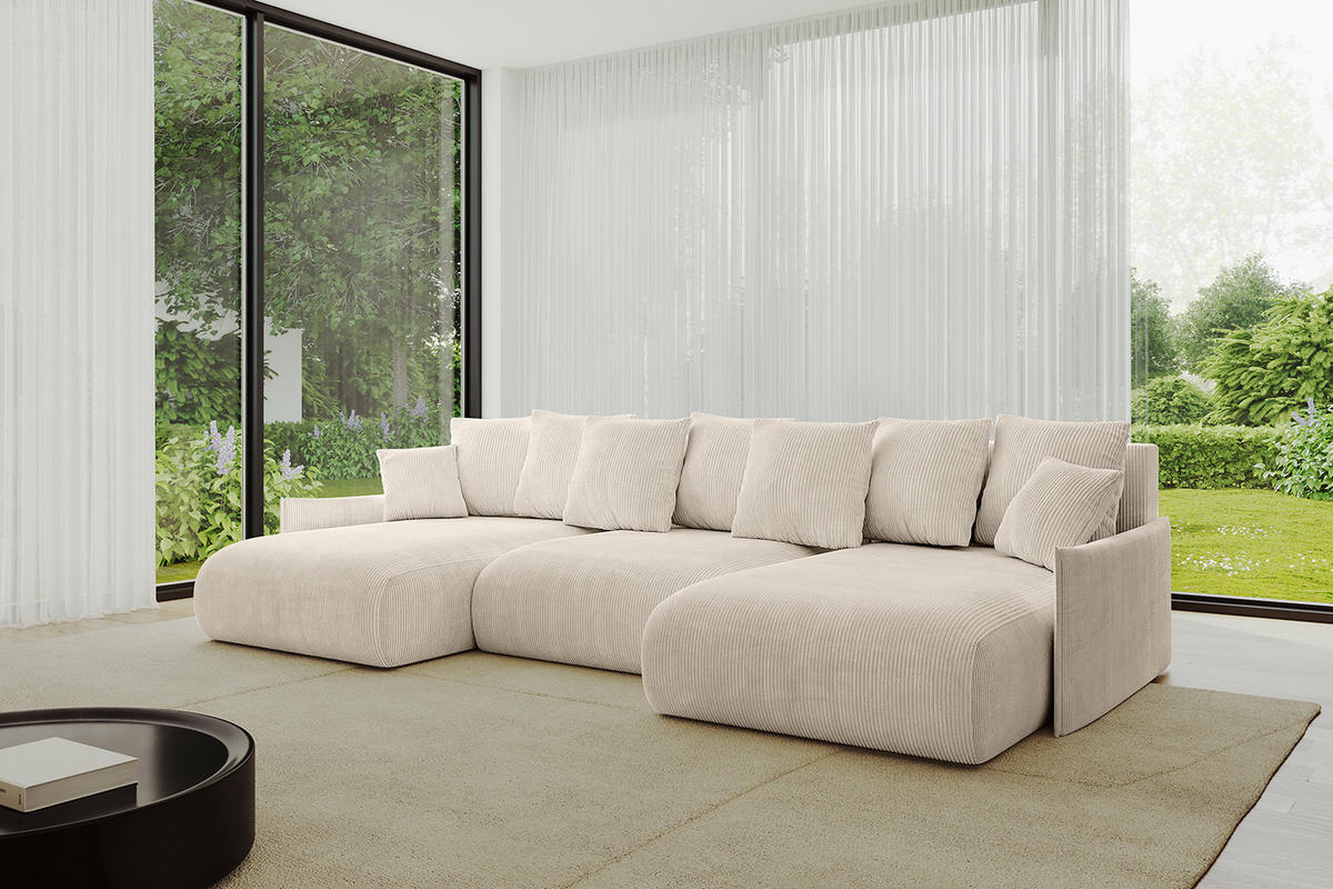 WOHNLANDSCHAFT mit Schlaffunktion und Bettkasten ONESK-U-v1 304x165x40 Beige Cord - Beige, Holzwerkstoff/Kunststoff (304/90/165cm) - ALTDECOR