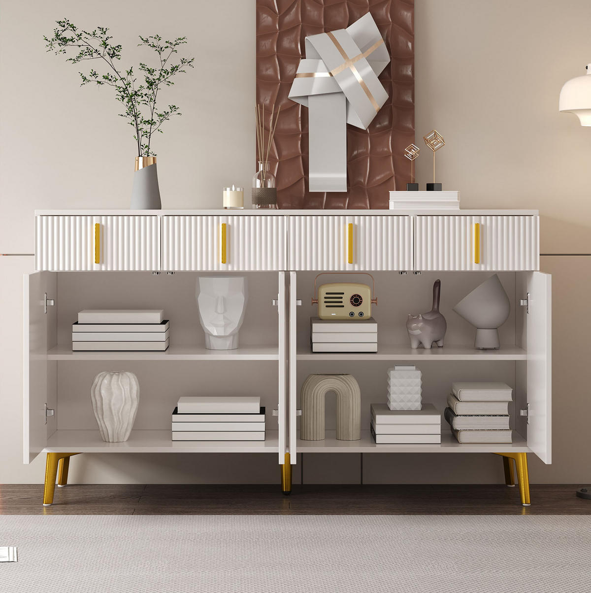 SIDEBOARD 140/38/82 cm mit 4 Türen & 4 Schubladen in Weiß mit Goldakzenten - Weiß, Holzwerkstoff (140/82/38cm) - BEAOK