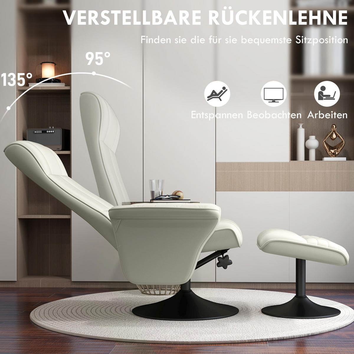 RELAXSESSEL 69/71/104 cm mit Hocker und 360°-Drehfunktion - Creme, Textil (71/104/69cm) - BEAOK