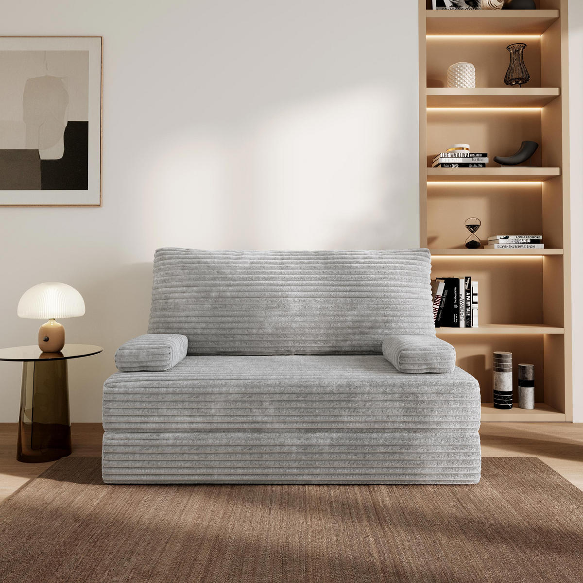 BETTSOFA LADIA aus Schaumstoff Cordstoff Hellgrau Schlaffunktion - Grau, Textil (140/86/60cm) - MASSENO