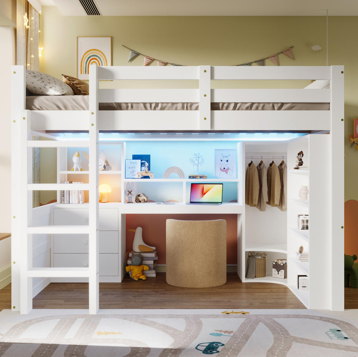HOCHBETT 140/200 cm aus Kiefer mit LED-Beleuchtung Schreibtisch und Stauraum Weiß - Weiß, Holzwerkstoff (140/200cm) - Modenvie