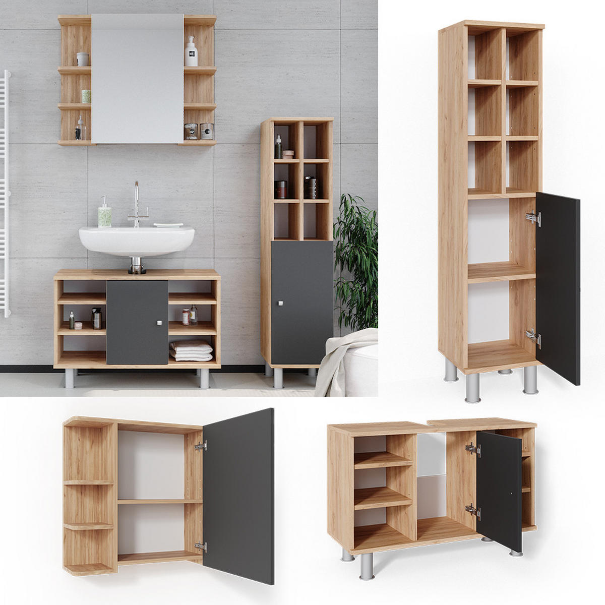 BADMÖBEL-SET Fynn Goldkraft Eiche 3 Teile, mit Midischrank Tür groß - Honigeiche/Anthrazit, Holzwerkstoff (60/54/32cm) - Vicco