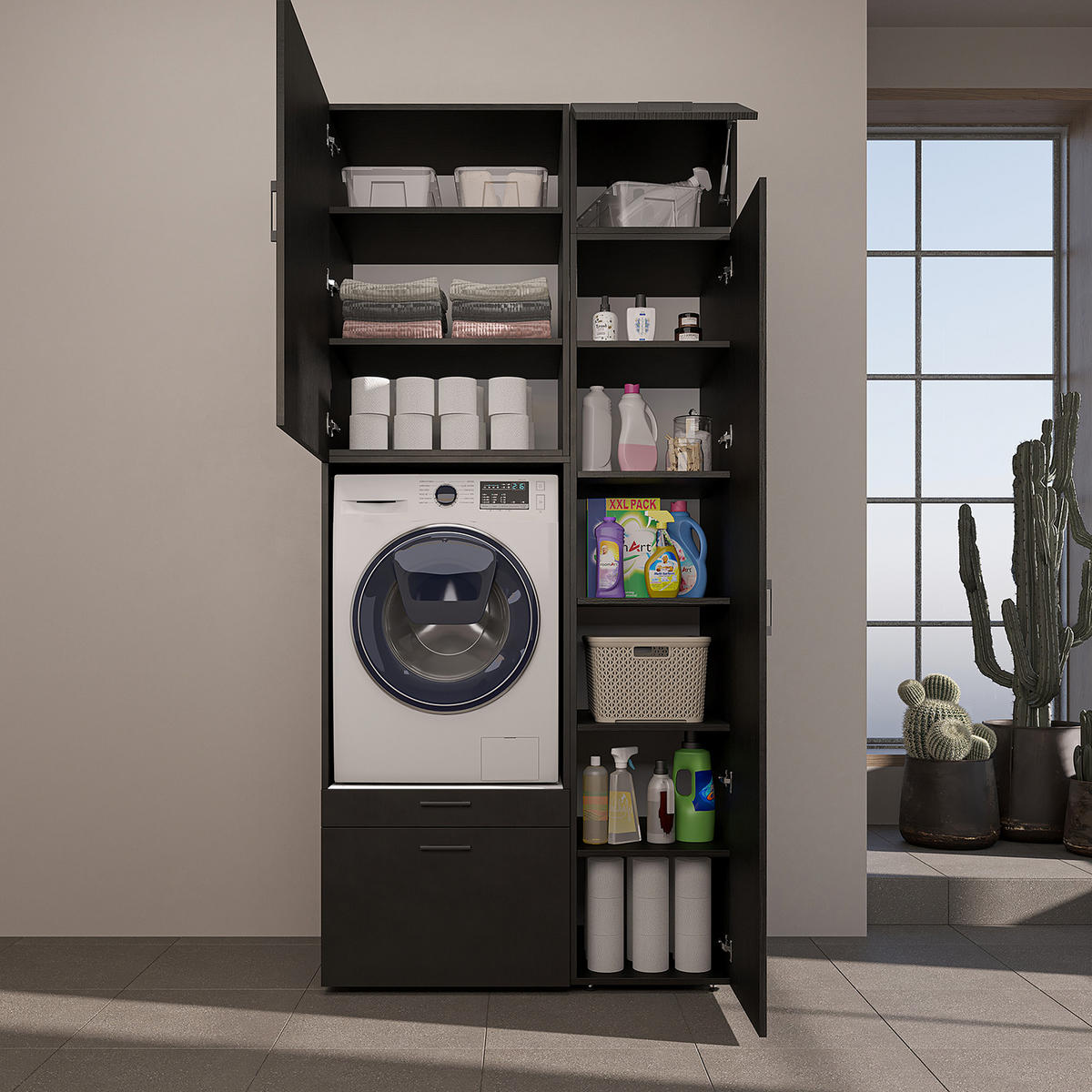 WASCHMASCHINENSCHRANK Serie 2 112cm Breit, 240cm Hoch - Schwarz, Holzwerkstoff (112/240/67cm)
