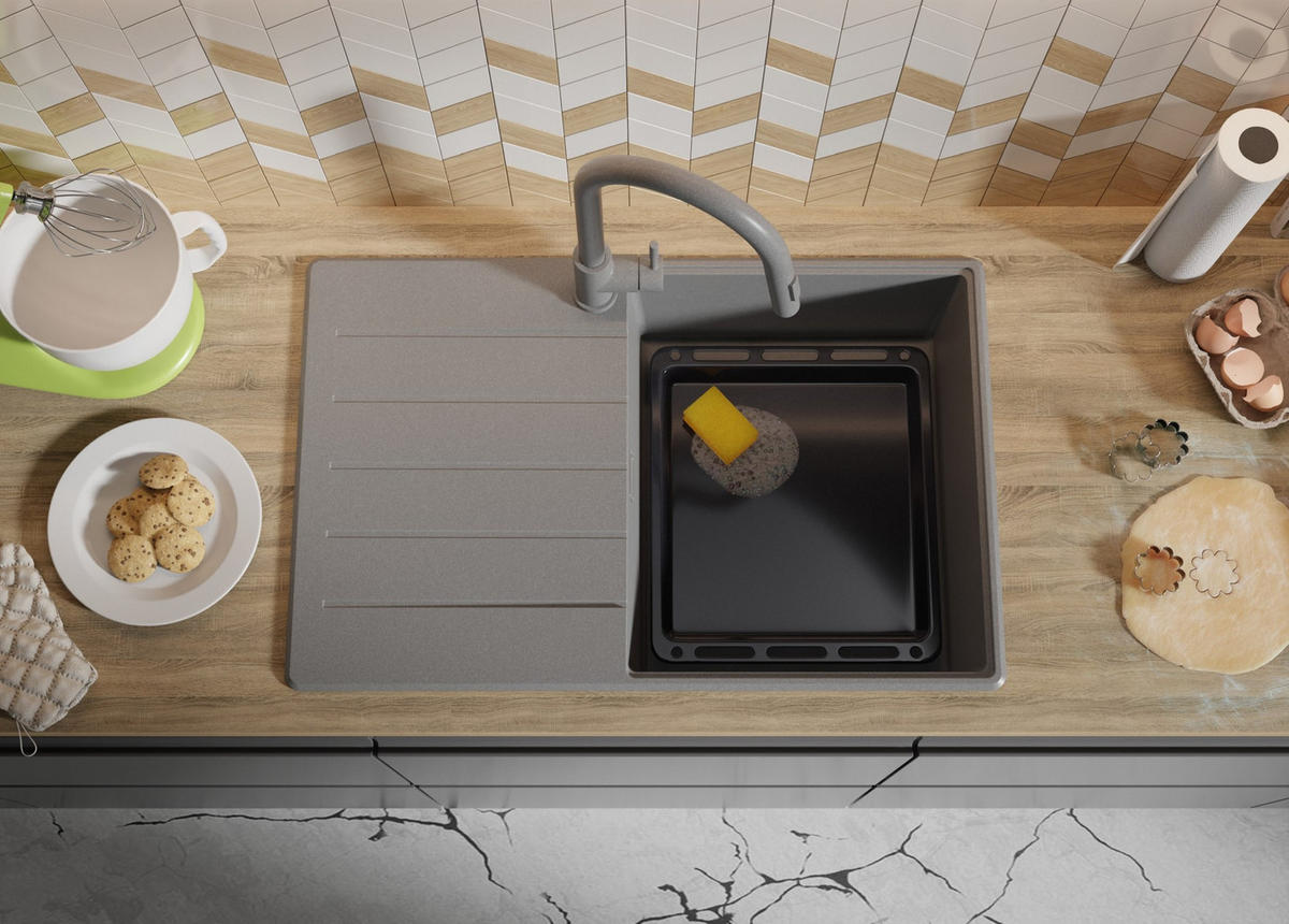 SPÜLBECKEN Kopenhagen, 2-er set Grau 78/50 cm 1 Becken + Ablauf-Set + Schneidebrett ab 50er Unterschrank - Chromfarben/Beige, Kunststoff (78/20/50cm) - Primagran