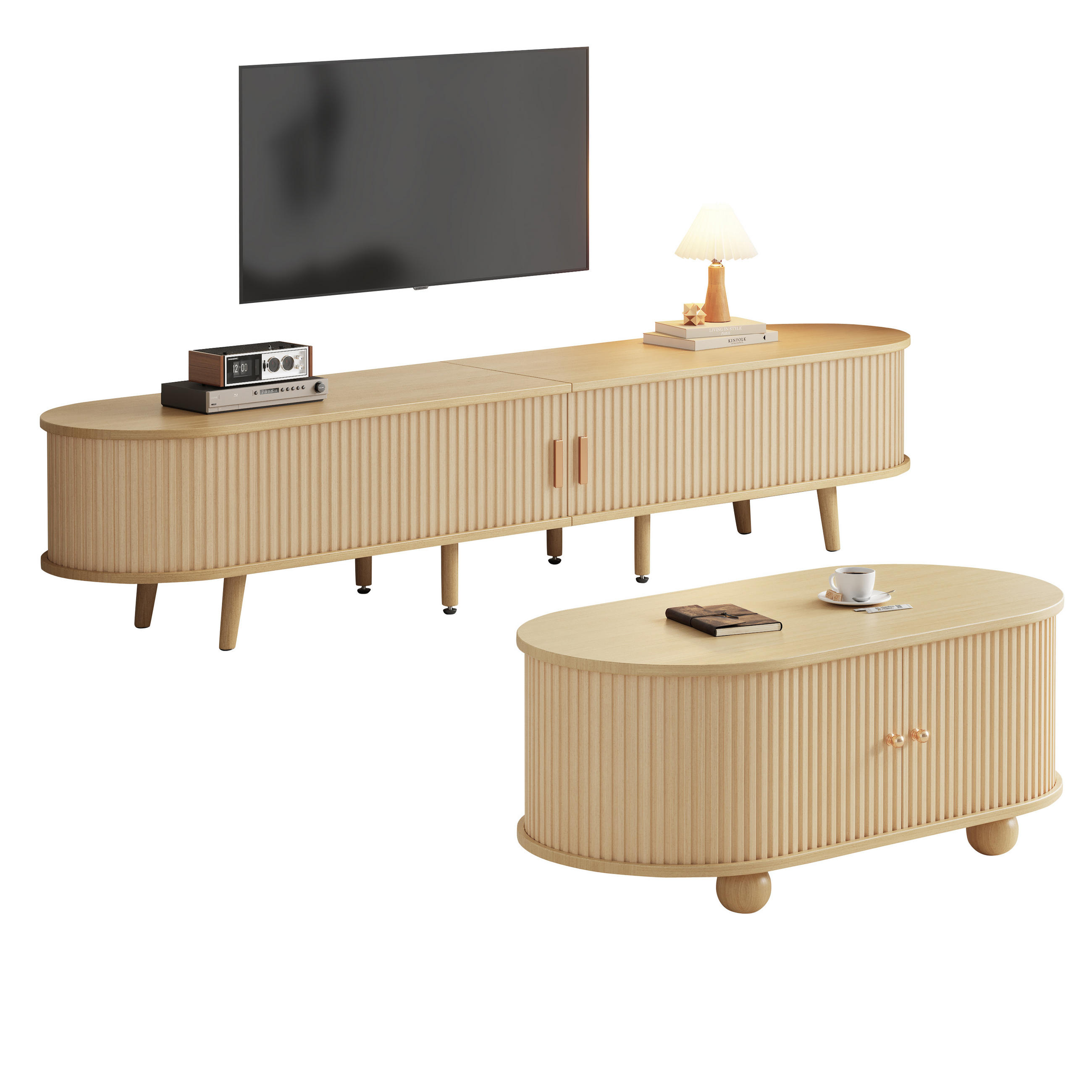 WOHNZIMMER-SET in Naturfarben mit Schubladen und Teleskoptüren für Wohnzimmer, B175/T40/H42 cm - Naturfarben, Holz/Holzwerkstoff (175/42/40cm) - STILVORA