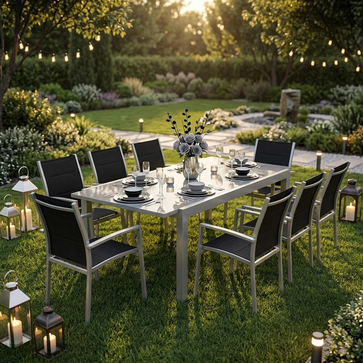 GARTEN-GARNITUR Ashford - 7-teilige Garten-Essgruppe (6x Stapelsessel mit Armlehnen, 1x Ausziehtisch 180/240x100cm), Gestell Aluminium - Schwarz, Metall - TPFGarden