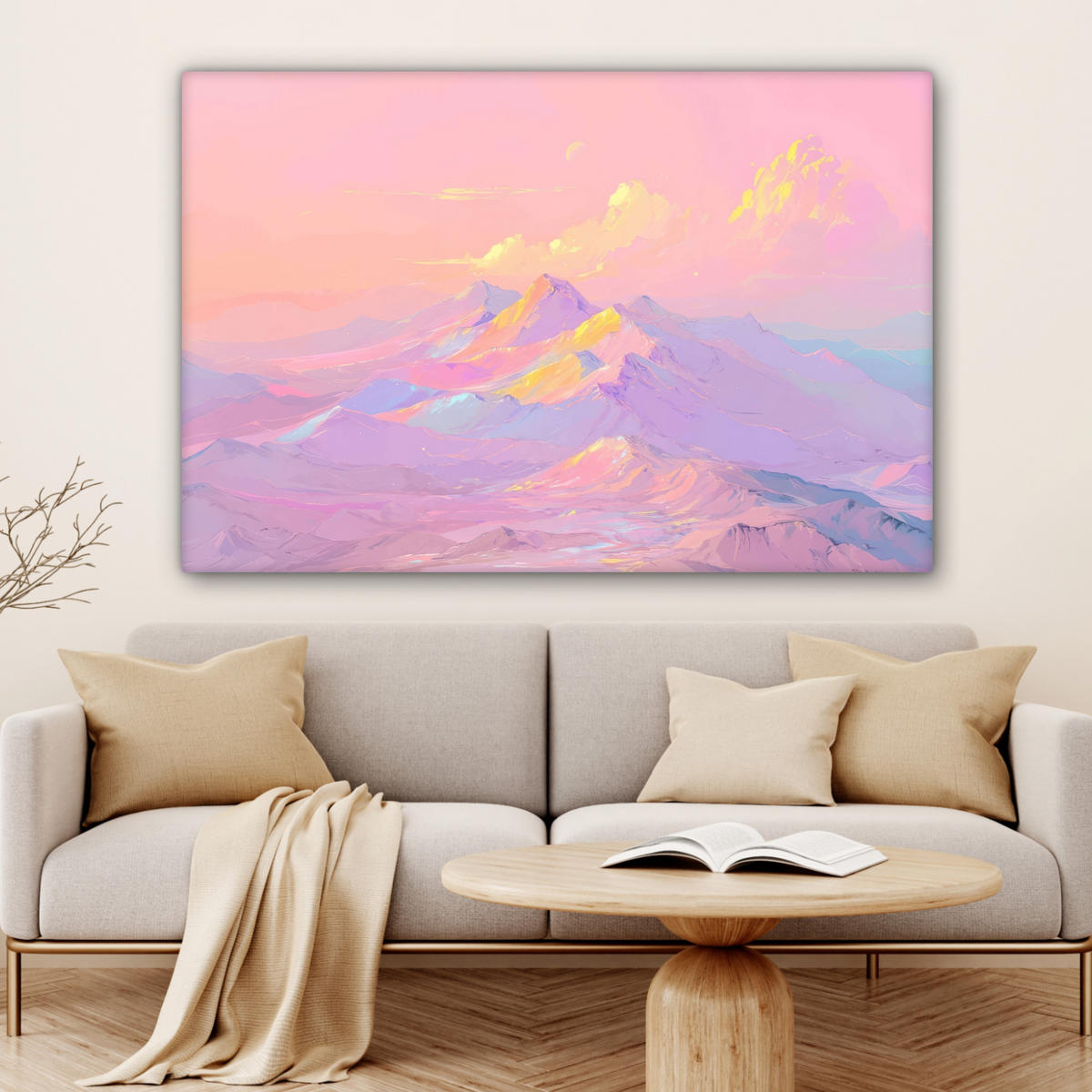 LEINWANDBILD Berggipfel - Wolken - Verträumt XXL 150x100 cm - Hellrosa, Textil (150/100cm) - MuchoWow