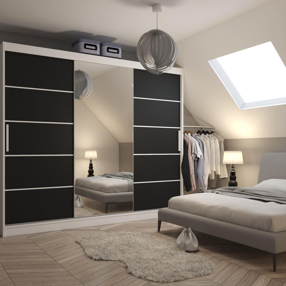 SCHWEBETÜRENSCHRANK Verona MBP, Weiß/Schwarz Matt, 232 cm, mit Spiegel - Schwarz, Holz (232/216/60cm) - B BELINI GROUP