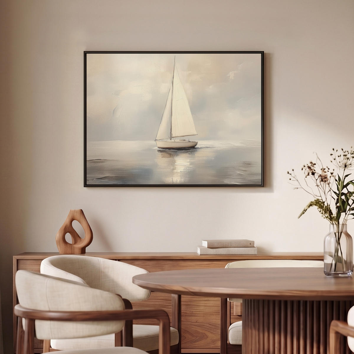LEINWAND Bilder mit Rahmen - Segelschiff - Meer - Bewölkt - 80x60 - Creme, Textil (80/60cm) - MuchoWow