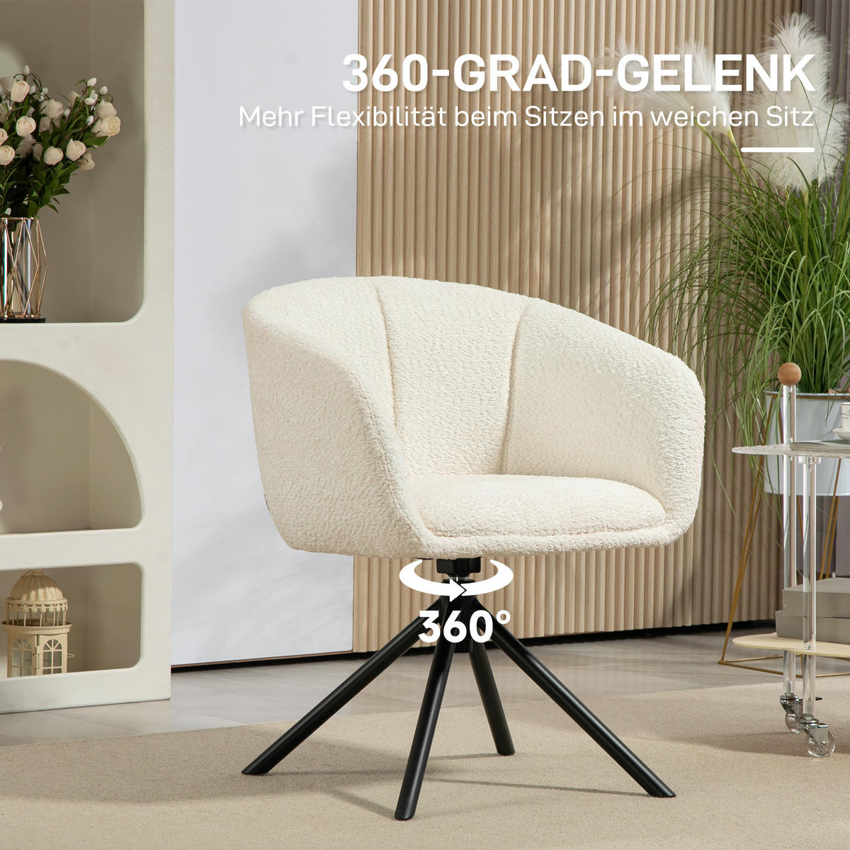SESSEL Loungesessel mit Armlehne, 360° Drehfunktion, Leinenoptik, Cremeweiß - Creme, Kunststoff (58.5/78.5/59cm) - HOMCOM