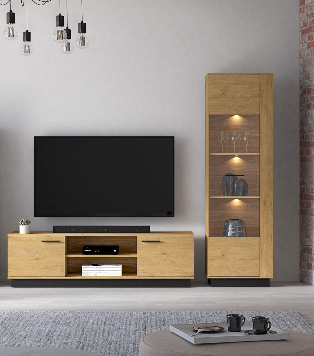 WOHNZIMMER-SET Modesto Eiche Style hell / schwarz 2-teilig - Hellbraun/Eichefarben, Holz/Holzwerkstoff (230/196/40cm) - Feldmann-Wohnen