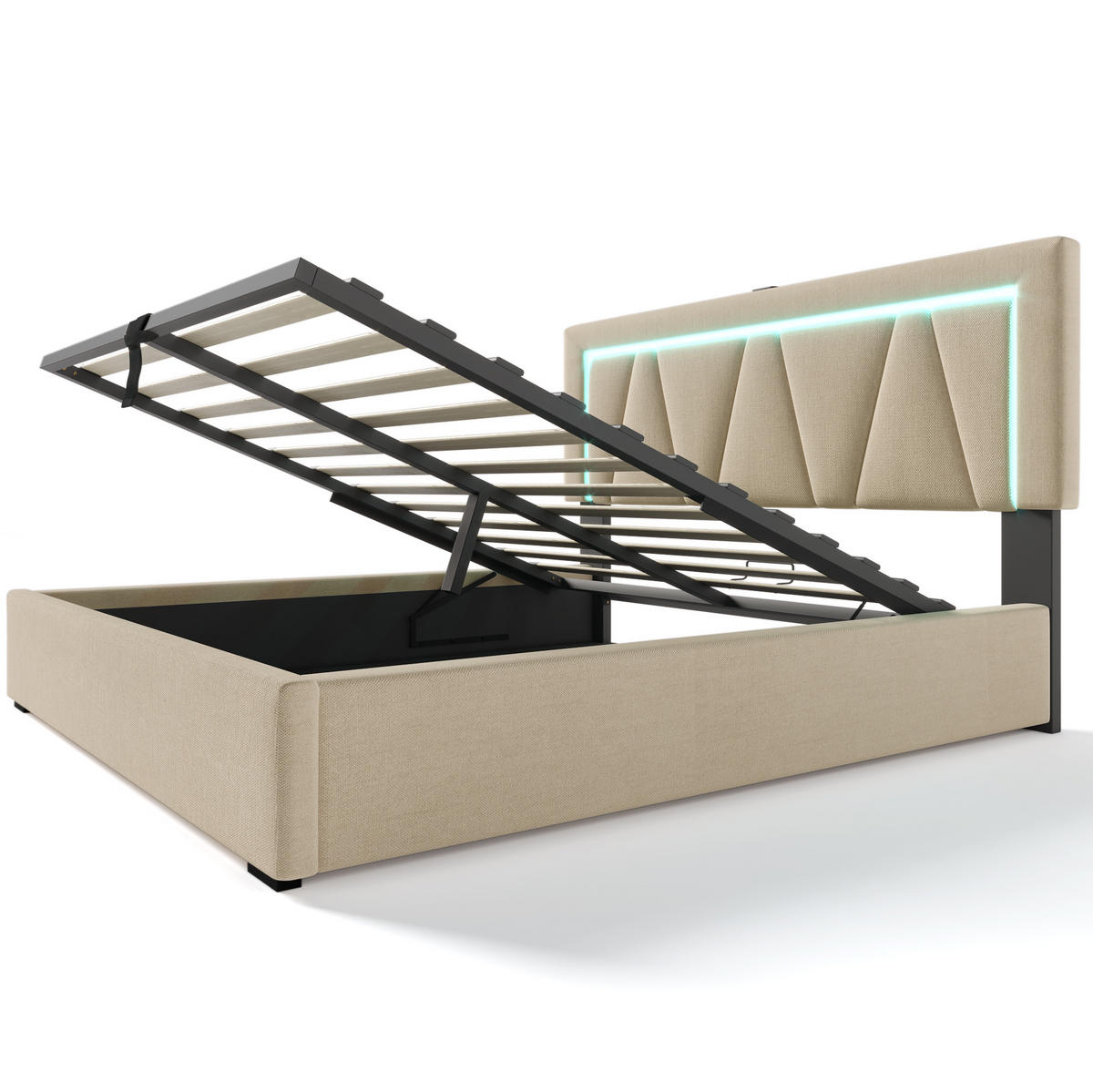 POLSTERBETT 160/200 cm mit Bettkasten, LED-Beleuchtung und USB in Beige - Beige, Textil (160/200cm) - BEAOK