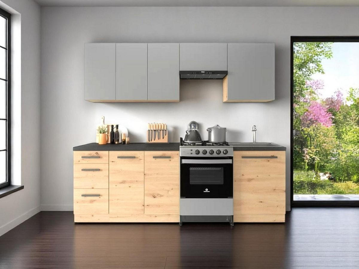 KÜCHENZEILE 240 cm - Langen K25-M240 - in Artisan Eiche/Grau - Eiche Artisan/Grau, Holz/Metall (240/210/47cm)