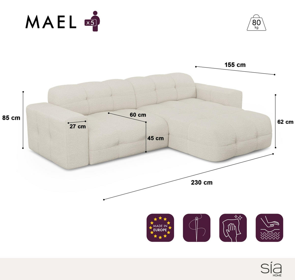 ECKSOFA RECHTS Samt Hellgrau 230cm - Hellgrau/Grau, Textil (230/155cm) - Sia Home