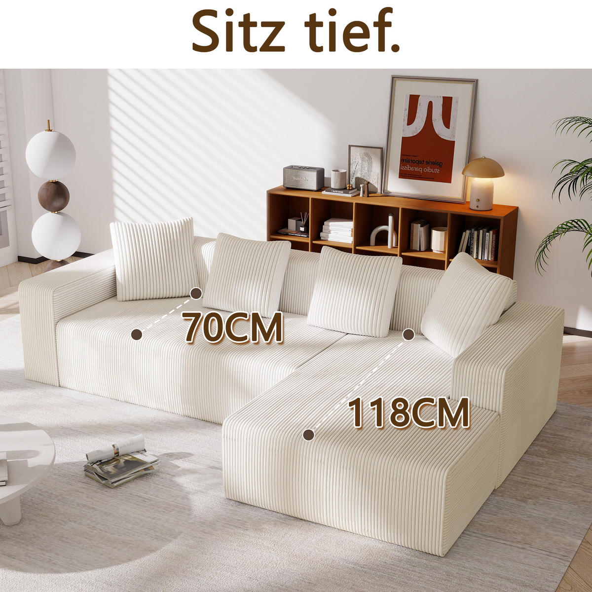 MODULARES Ecksofa Cord tiefe Sitzfläche, Chaiselongue 261/146/65 cm Weiß - Weiß, Textil (146/261cm) - Redom