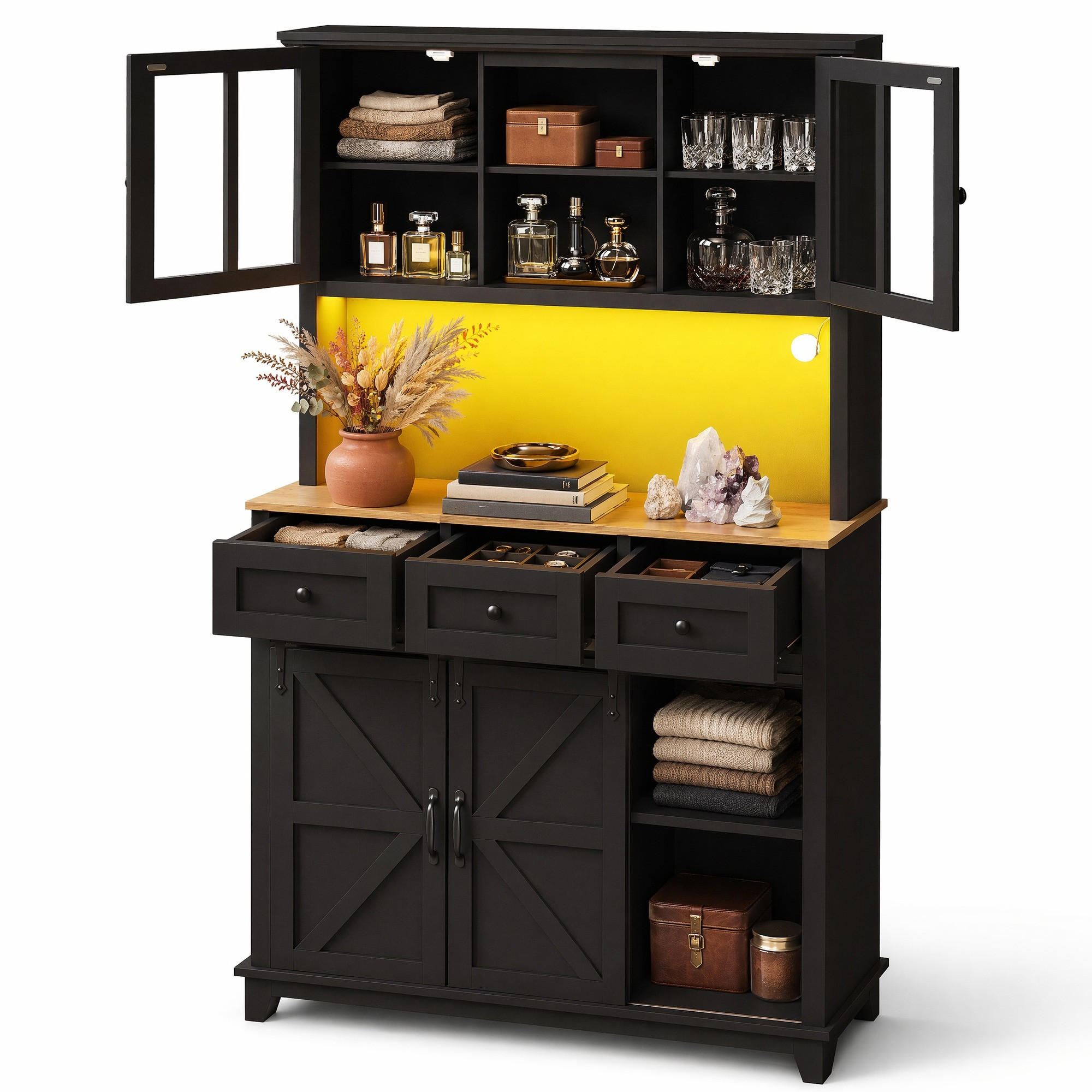 KÜCHENSCHRANK in Schwarz mit LED,verstellbaren Ablagen und Schubladen für Wohnzimmer,B105/T38.4/H180cm - Transparent/Schwarz, Glas/Holzwerkstoff (105/180/40cm) - STILVORA
