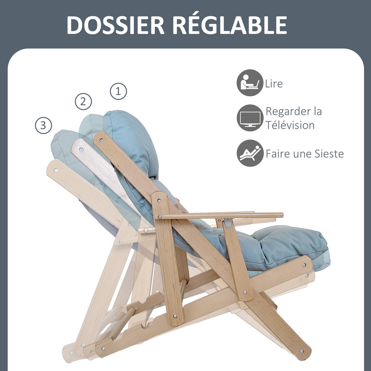 KLAPPSTUHL DE-13206 3-fach verstellbar & dickes Polster - Grau, Holz (89/96/71cm) - ComfortXL