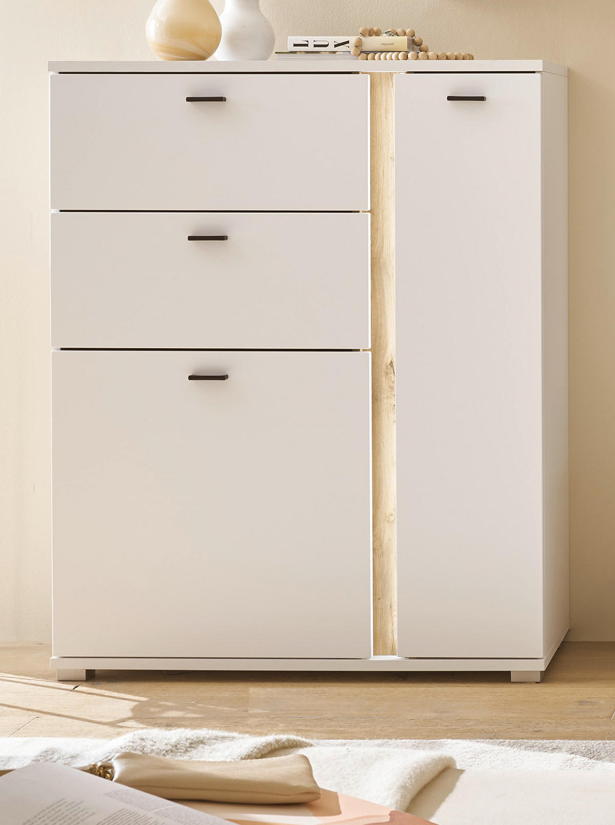 HIGHBOARD weiß matt, Eiche Wotan 100 x 125 cm, Kommode inklusive Frontbeleuchtung - Silberfarben/Eiche Wotan, Holzwerkstoff/Kunststoff (100/125/42cm) - Furn.Design