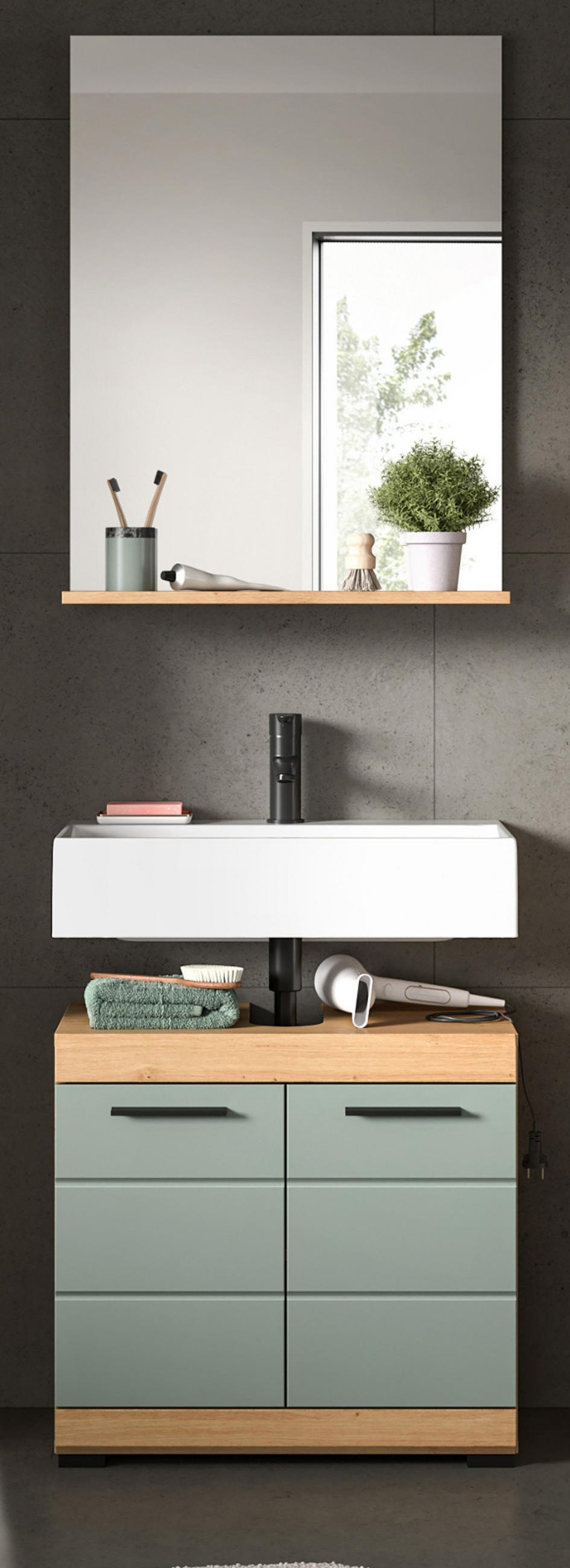 Inn.Furn BADMÖBEL-SET Salbeigrün, Eiche Artisan 60cm × 34cm × 191cm
