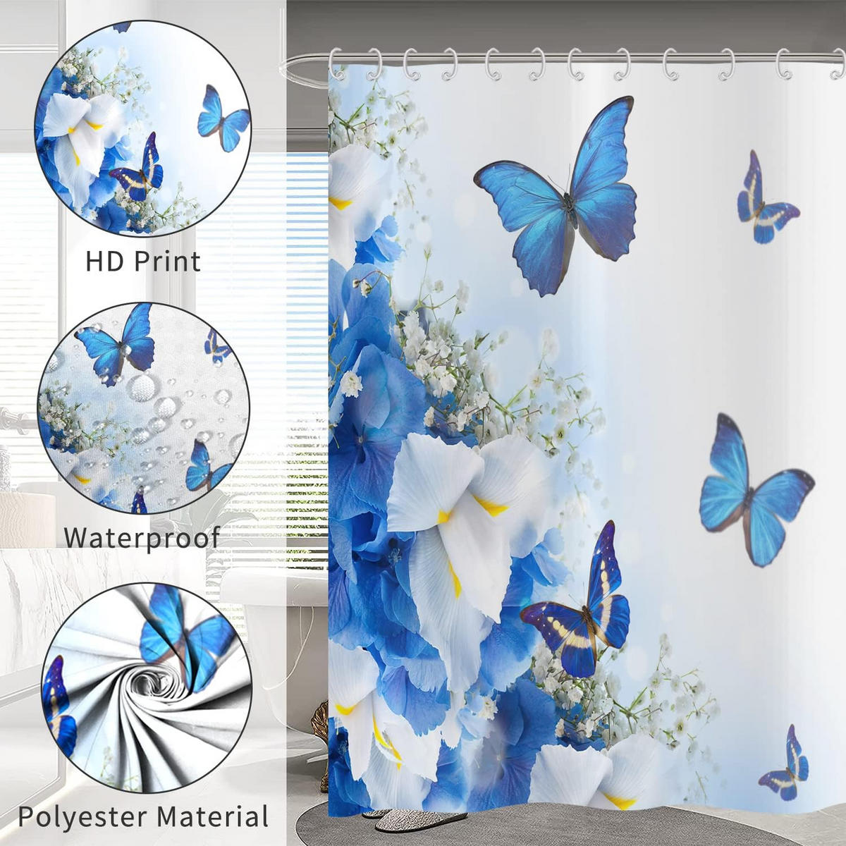 DUSCHVORHANG Blau Blumen und Schmetterling Polyester wasserdicht - Blau, Textil (180/180cm) - MCBOSON