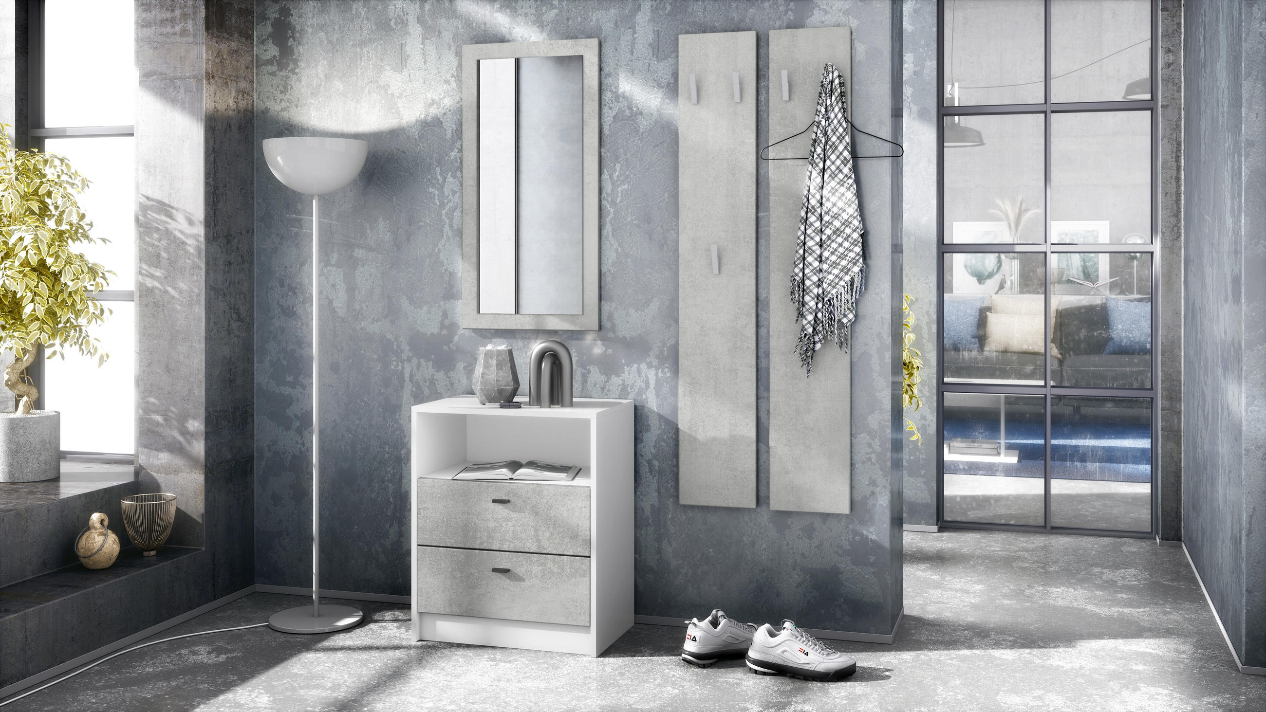 GARDEROBE Pino Beton Oxid Optik - Hellgrau, Holzwerkstoff (130/185/36cm) - Vladon