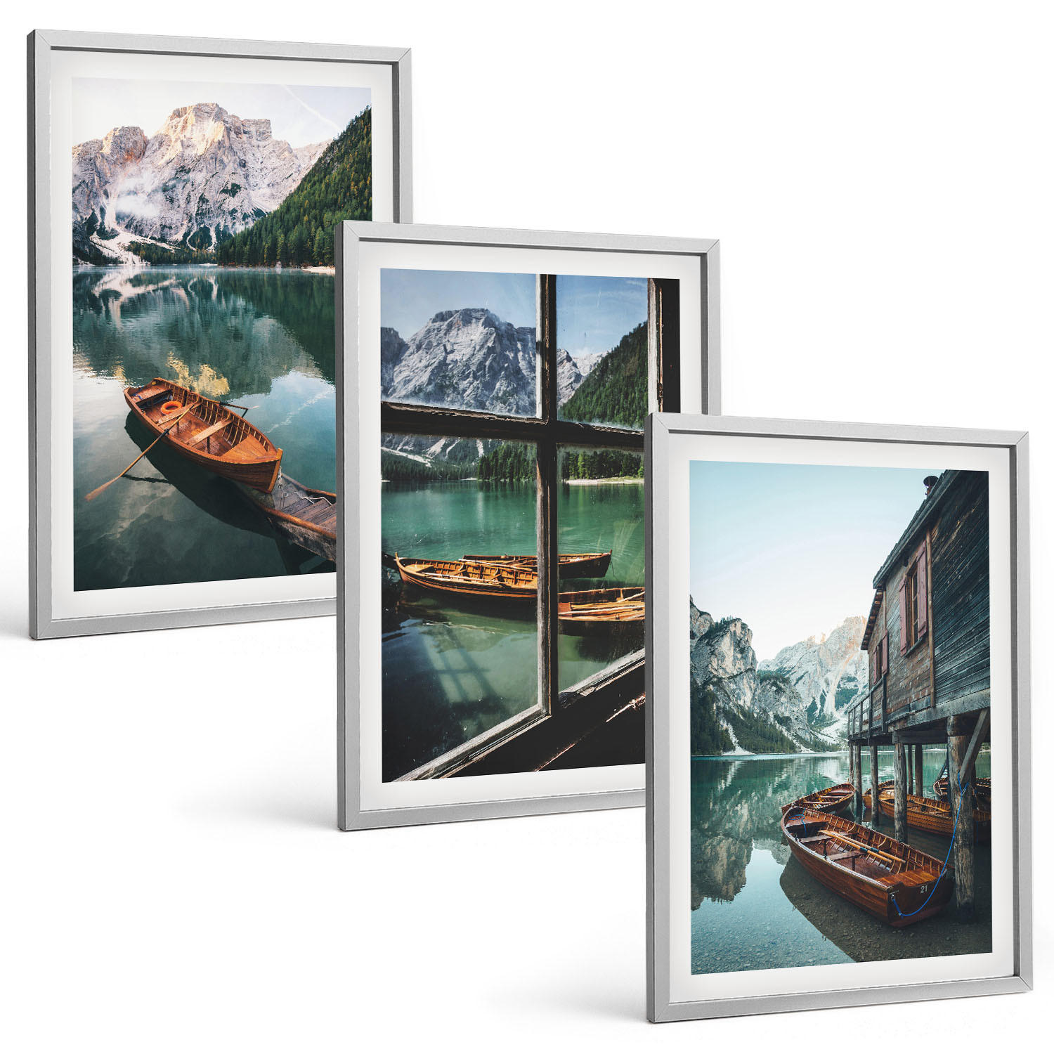 BILDER SET 3er Set - 40x60 cm Silberner Rahmen - Bootshaus am Bergsee - Silberfarben, Kunststoff (40/60cm) - TULUP