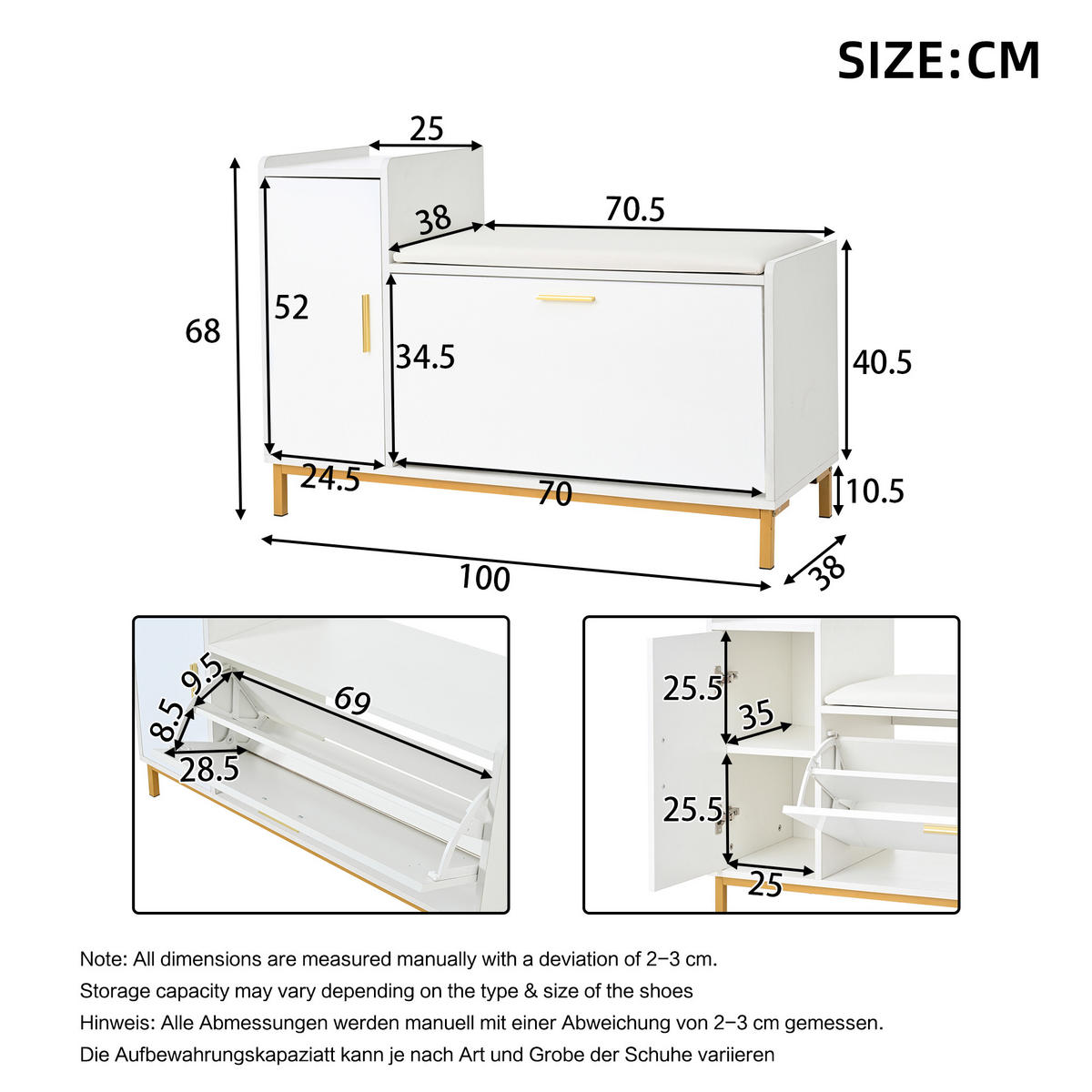 SCHUHSCHRANK aus Spanplatte 100x38x68cm in Weiß mit Sitzkissen - Weiß, Holzwerkstoff (100/68/38cm) - Modfu