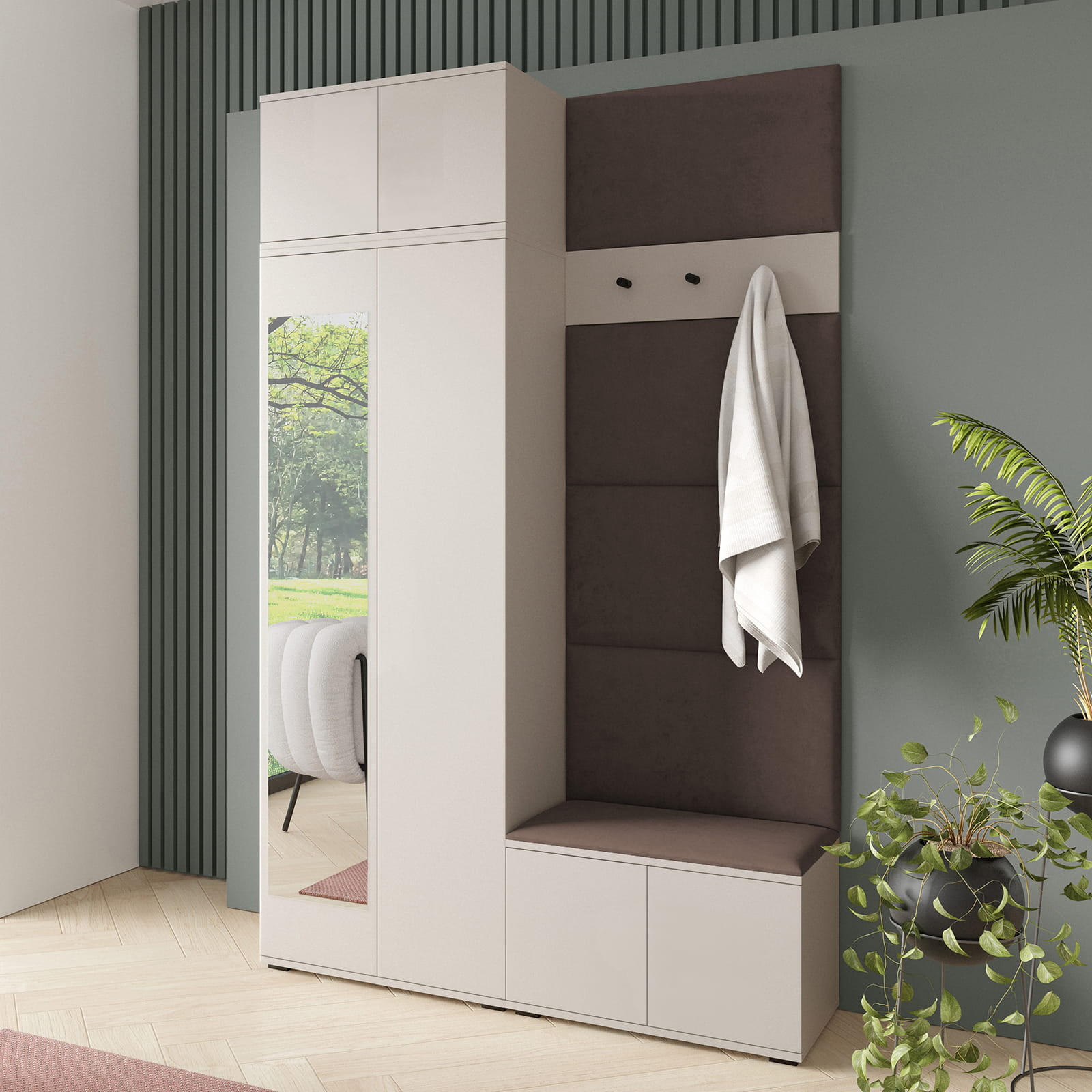 GARDEROBE NAPOLI 4 mit POLSTERPANEELEN BRAUN - Braun, Holzwerkstoff (140/229/40cm) - Jerpax