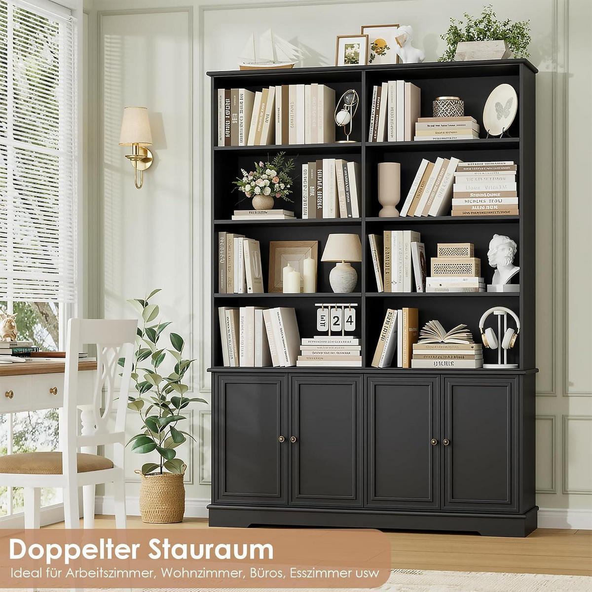 BÜCHERREGAL mit Türen Schwarz 185 x 27 x 120 cm - Schwarz, Holzwerkstoff (120/185/27cm)