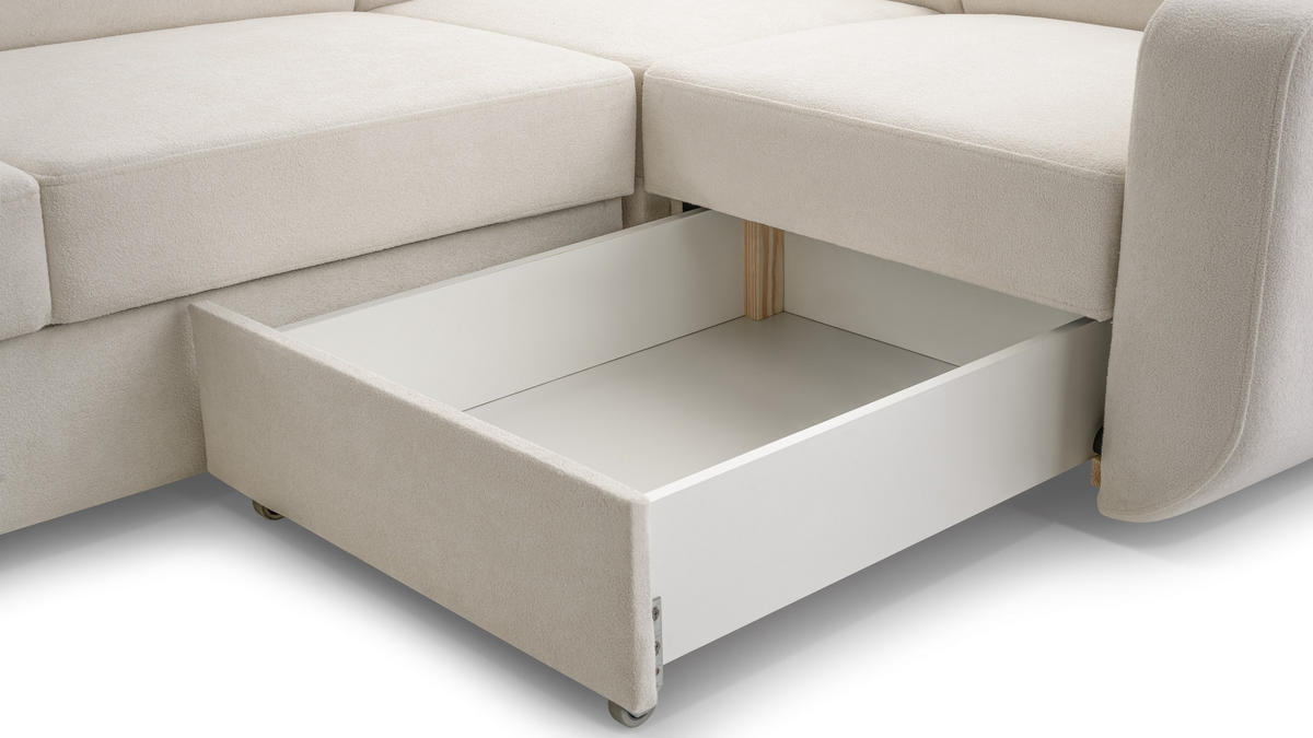 WOHNLANDSCHAFT CASTELLO Beige Plüsch-Stoff mit Schlaffunktion - Beige, Holz (337/97/184cm) - MASSENO