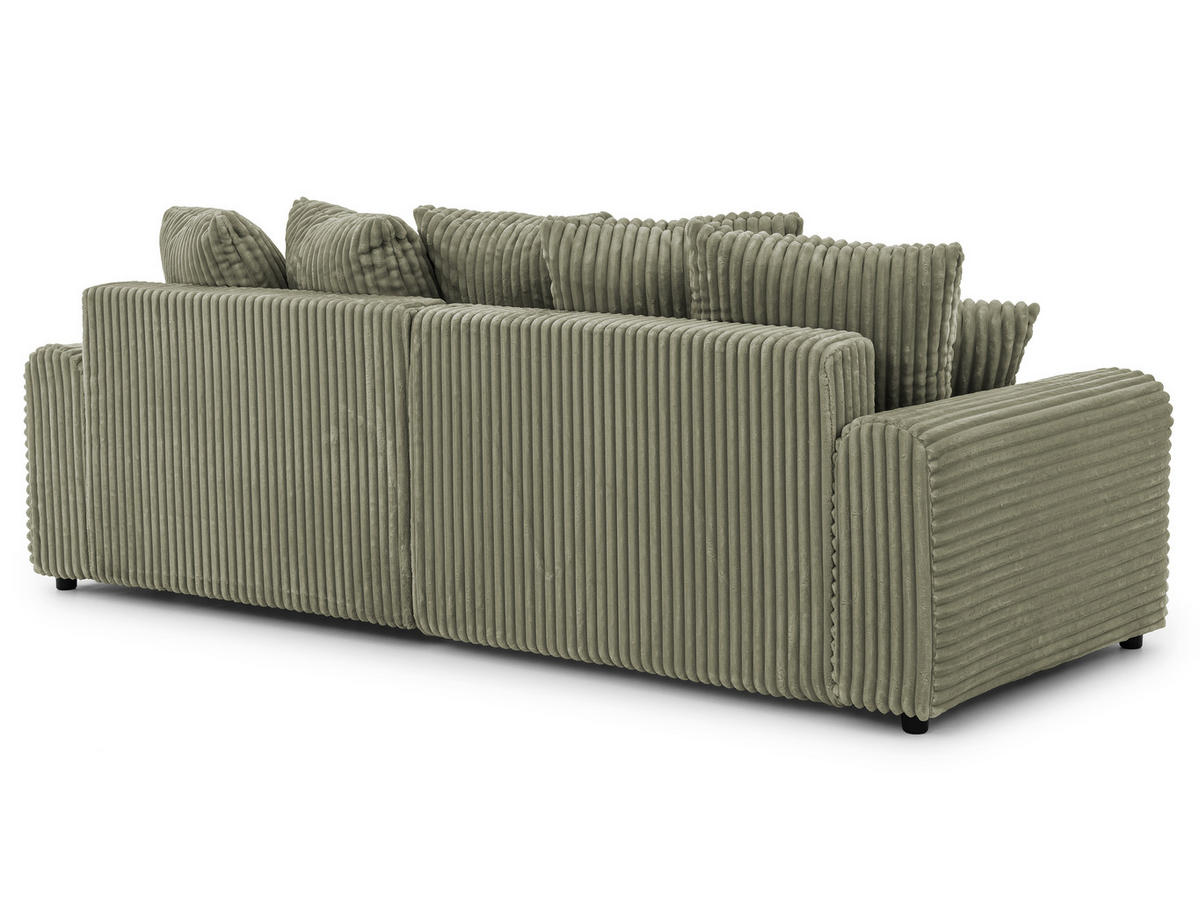 ECKSOFA Calma mit Schlaffunktion und Bettkasten im Bumpy-Design aus weichem Olive Plüschcord - Ottomane rechts - Schwarz/Grün, Holz/Kunststoff (140/239cm) - S-Style