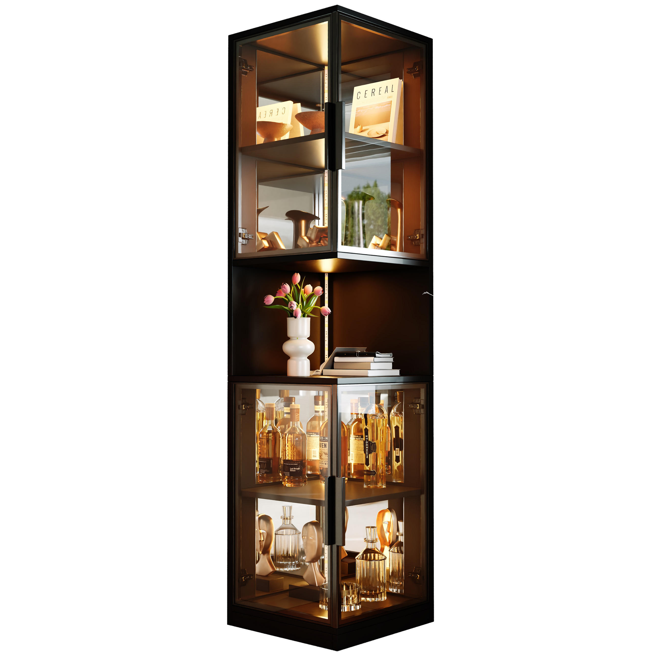 VITRINE LED Glastüren Spiegelrückwand 205cm Weinschrank Weiß - Schwarz, Holzwerkstoff (42/205/44cm) - FLIEKS