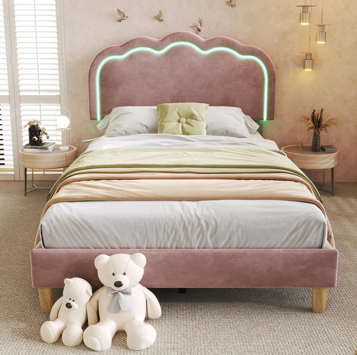 POLSTERBETT 90/190 cm aus Samt in Rosa mit LED-Beleuchtung - Pink, Textil (90/200cm) - Flora Grace