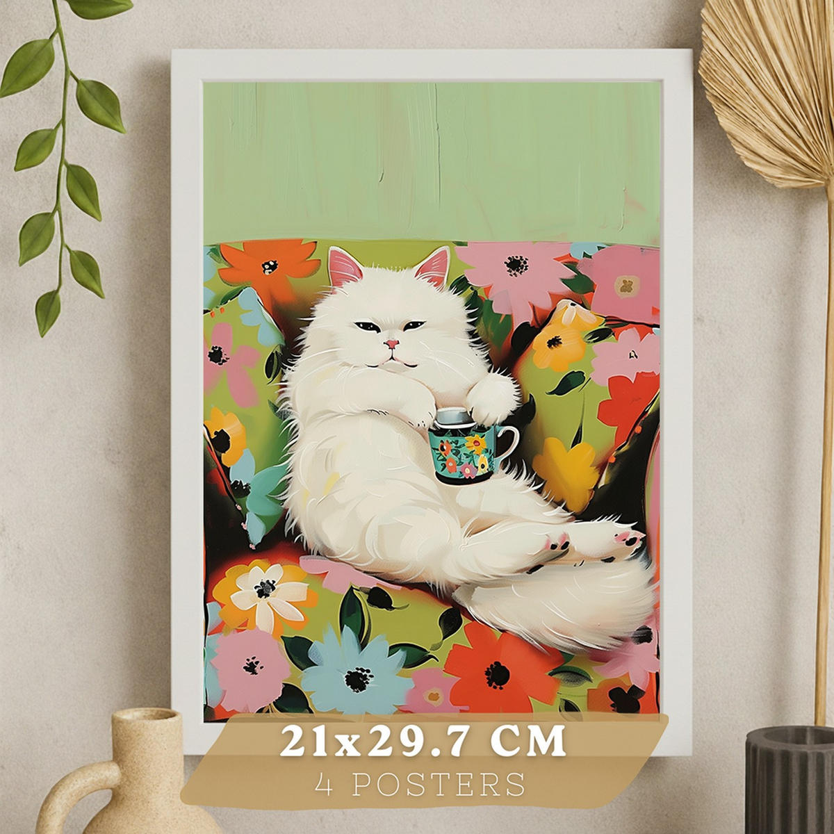 PLAKAT Sada 4 Kočky A4 Bílý rám - bílá, papír (29.7/1/21cm) - Nacnic