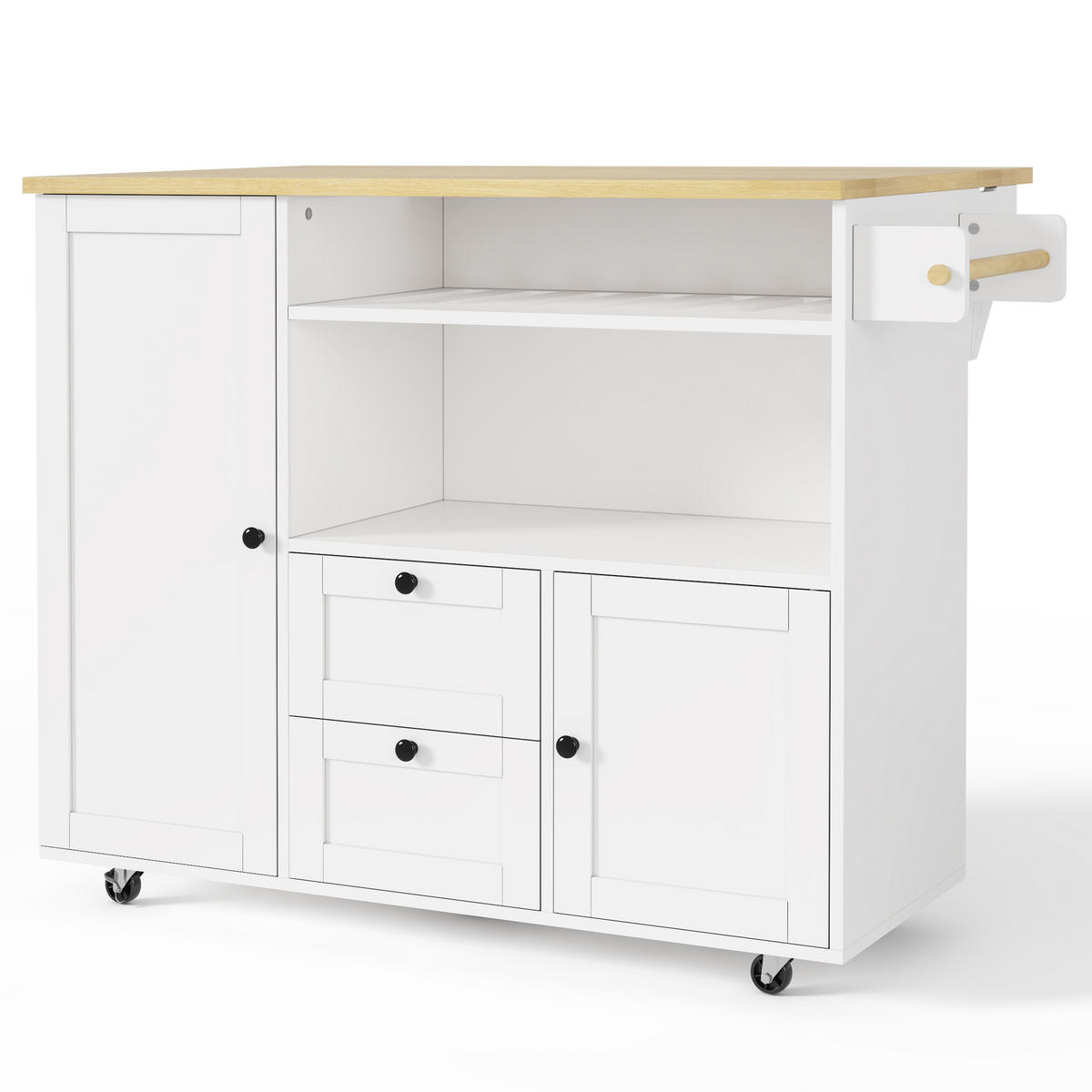 KÜCHENINSEL 89 cm MDF Natur Weiß mit Klappbarer Arbeitsplatte und Weinregal - Weiß, Holzwerkstoff (69/89/104cm) - Korfee