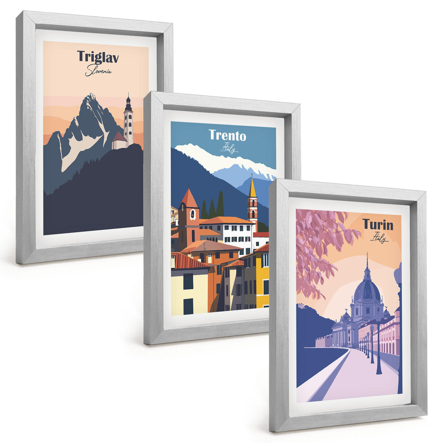 BILDER SET 3er Set - 20x30 cm Silberner Rahmen - Retro-Illustrationen zur Bergarchitektur - Silberfarben, Kunststoff (20/30cm) - TULUP