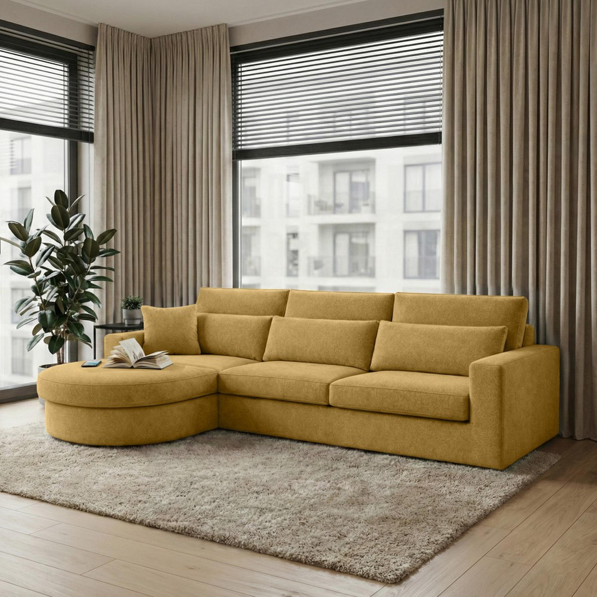 ECKSOFA Pablo ohne Schlaffunktion, mit abgerundeter Ottomane, links, Gelb, Velourstoff - Gelb, Textil (319/196cm) - Beautysofa