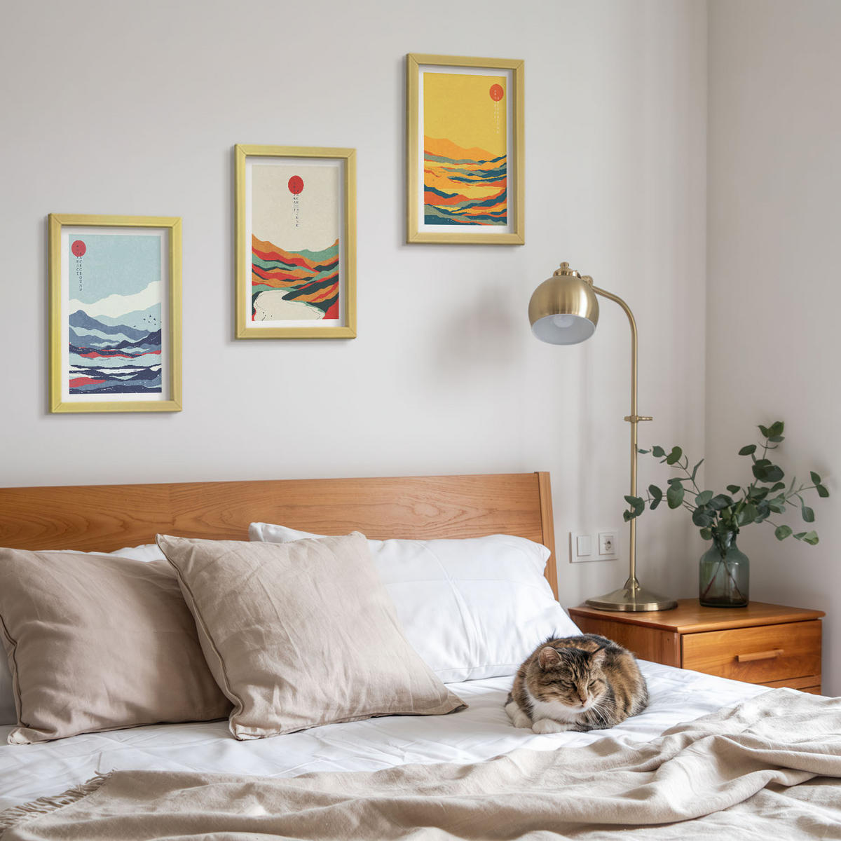 WANDBILDER 3er Set - 20x30 cm Goldrahmen - Abstraktion von farbenfrohen Bergen und Flüssen - Goldfarben, Kunststoff (20/30cm) - ArtPrintCave