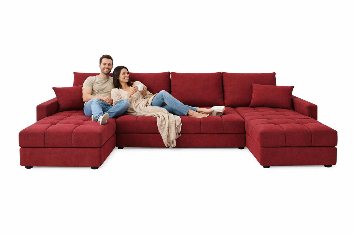 WOHNLANDSCHAFT AURELIA – Ecksofa in U-Form mit Schlaffunktion, Bettkasten & Kissen Stoff KRONOS 287 cm Rot - Rot, Kunststoff (287/140cm) - Wohnideebilder