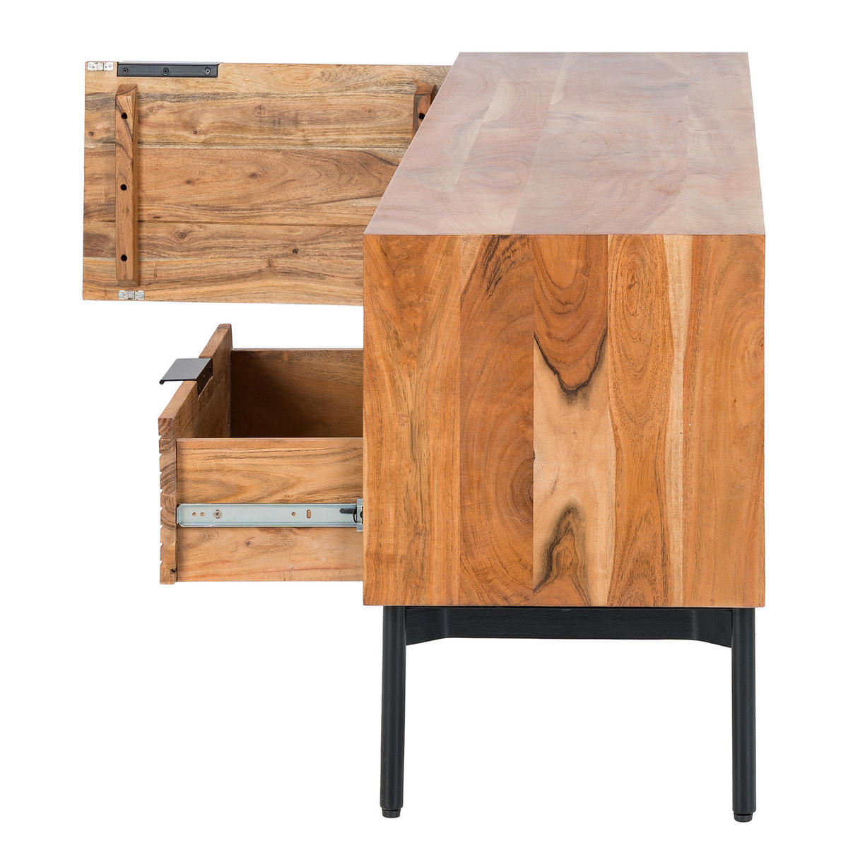 TV-LOWBOARD - Akazie massiv / Schwarz - Schwarz/Akaziefarben, Holz (180/63/42cm) - home24