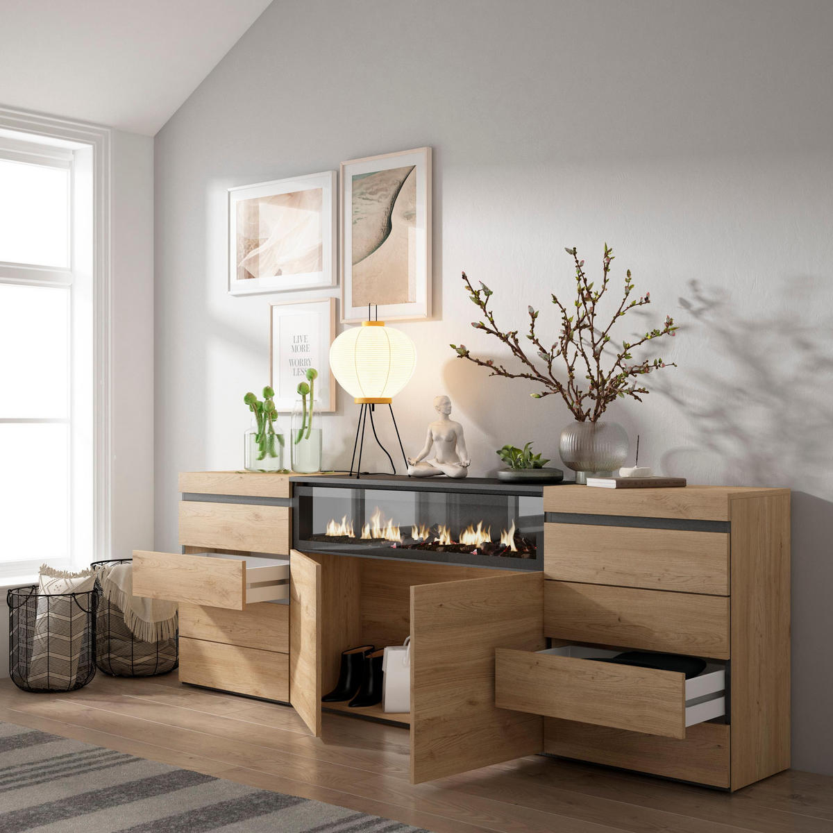 KOMMODE mit Schubladen, Elektrokamin, eiche, 214/35/75cm - Eichefarben/Beige, Holzwerkstoff (214/75/35cm) - Skraut Home