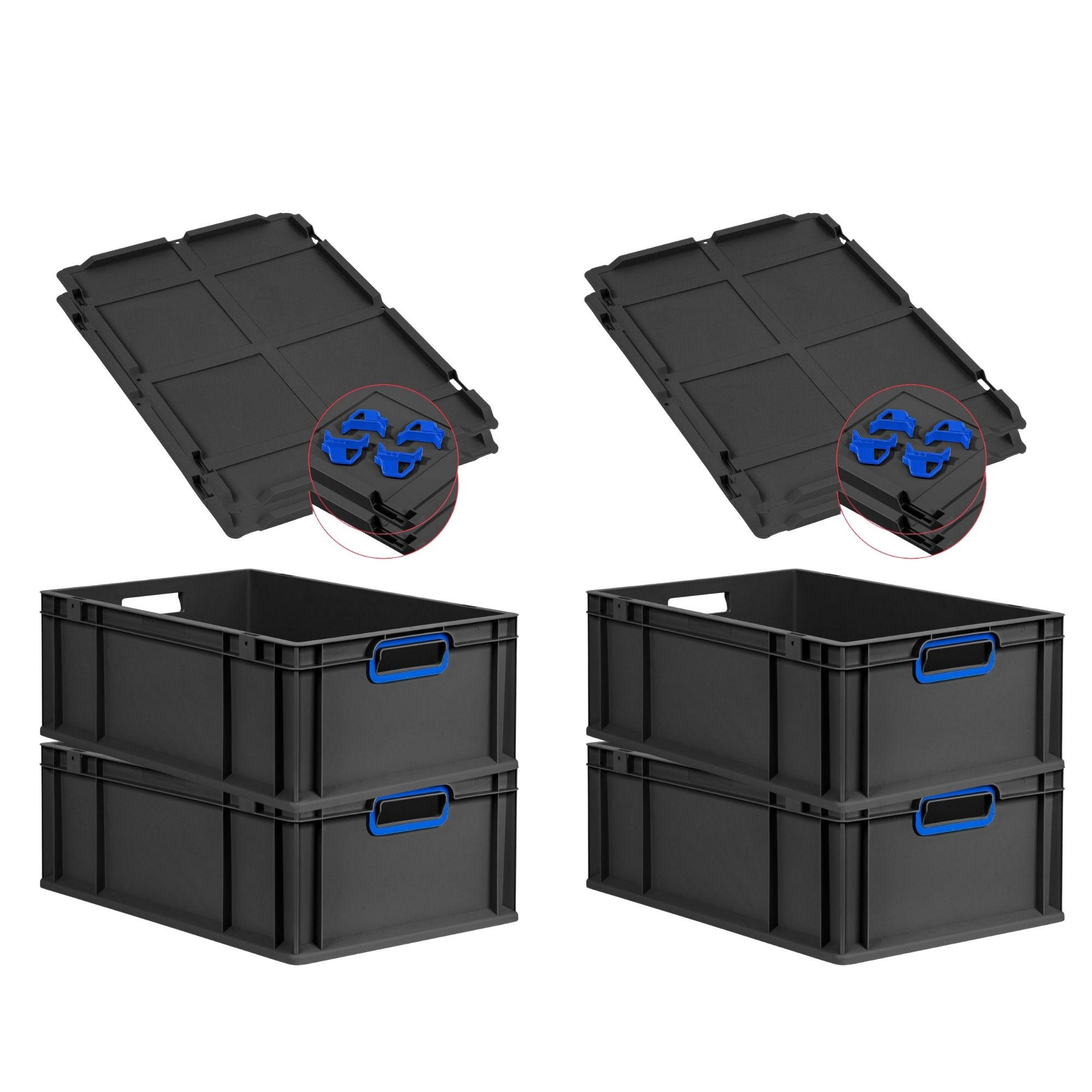 EUROBOX 4x NextGen Color mit Auflagedeckel 22x40x60 cm 44 Liter Schwarz Griffe blau offen - Blau/Schwarz, Kunststoff (40/22/60cm) - PROREGAL