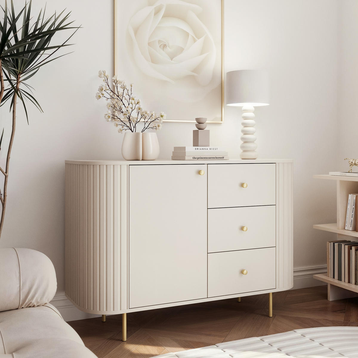 KOMMODE OVALINE 123 cm, 3 Schublade(n) Beige - Beige, Holzwerkstoff/Metall (123/85/42cm) - Idohome